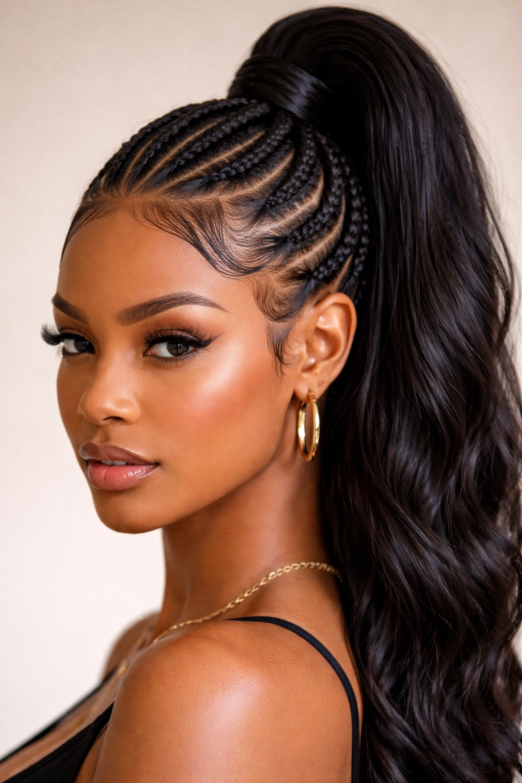 Cornrows with laid edge design and high ponytail