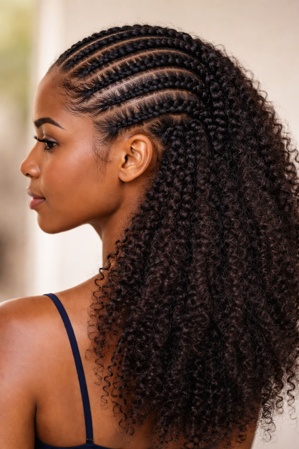 Scalp-braced cornrows with natural texture below