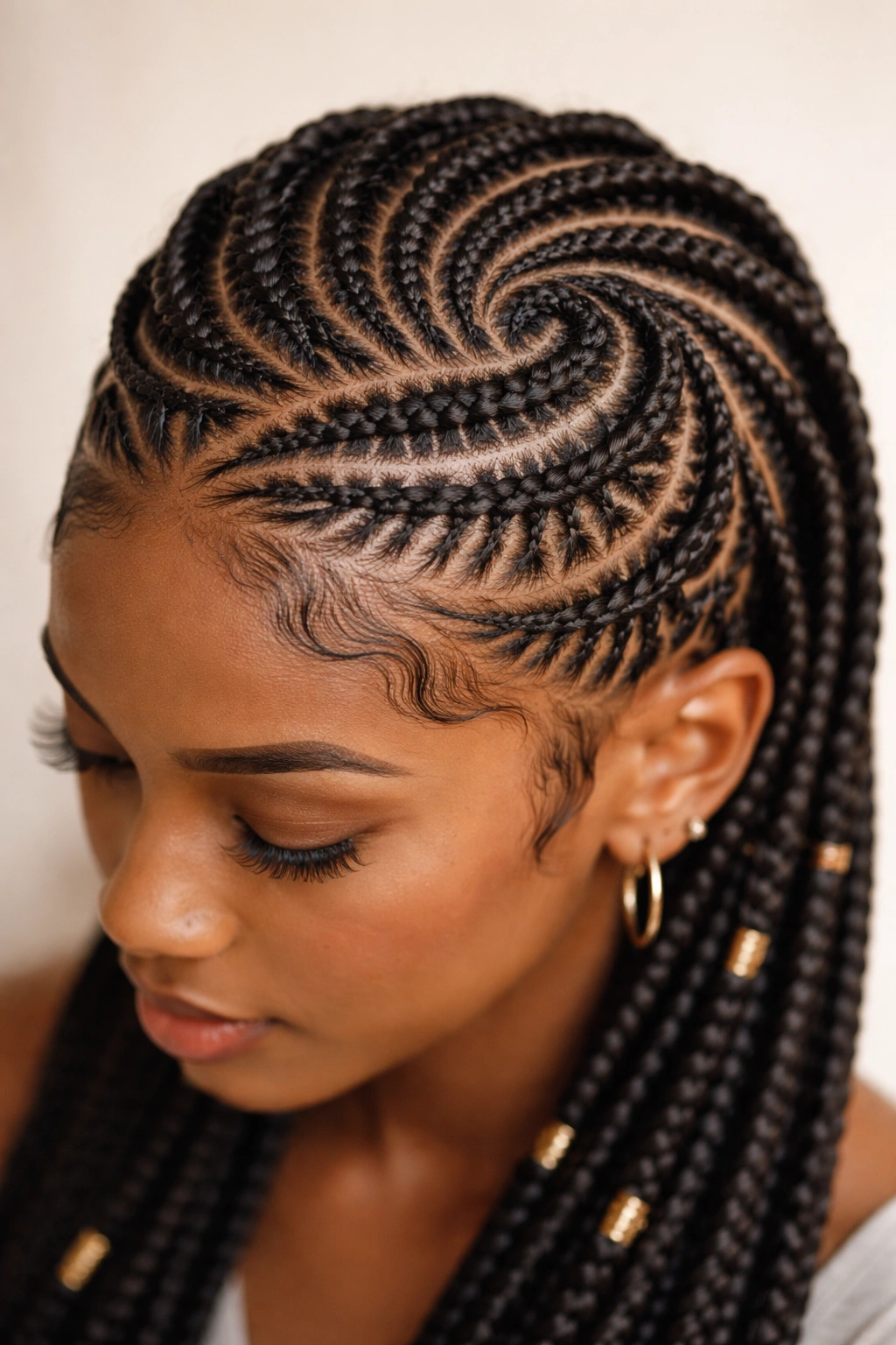 Close-up of cornrows with curved and zigzag patterns along the scalp