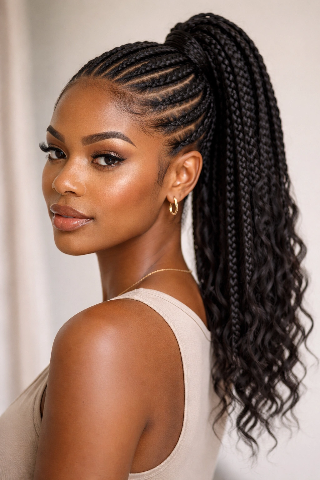 Cornrows gathered into a sleek ponytail