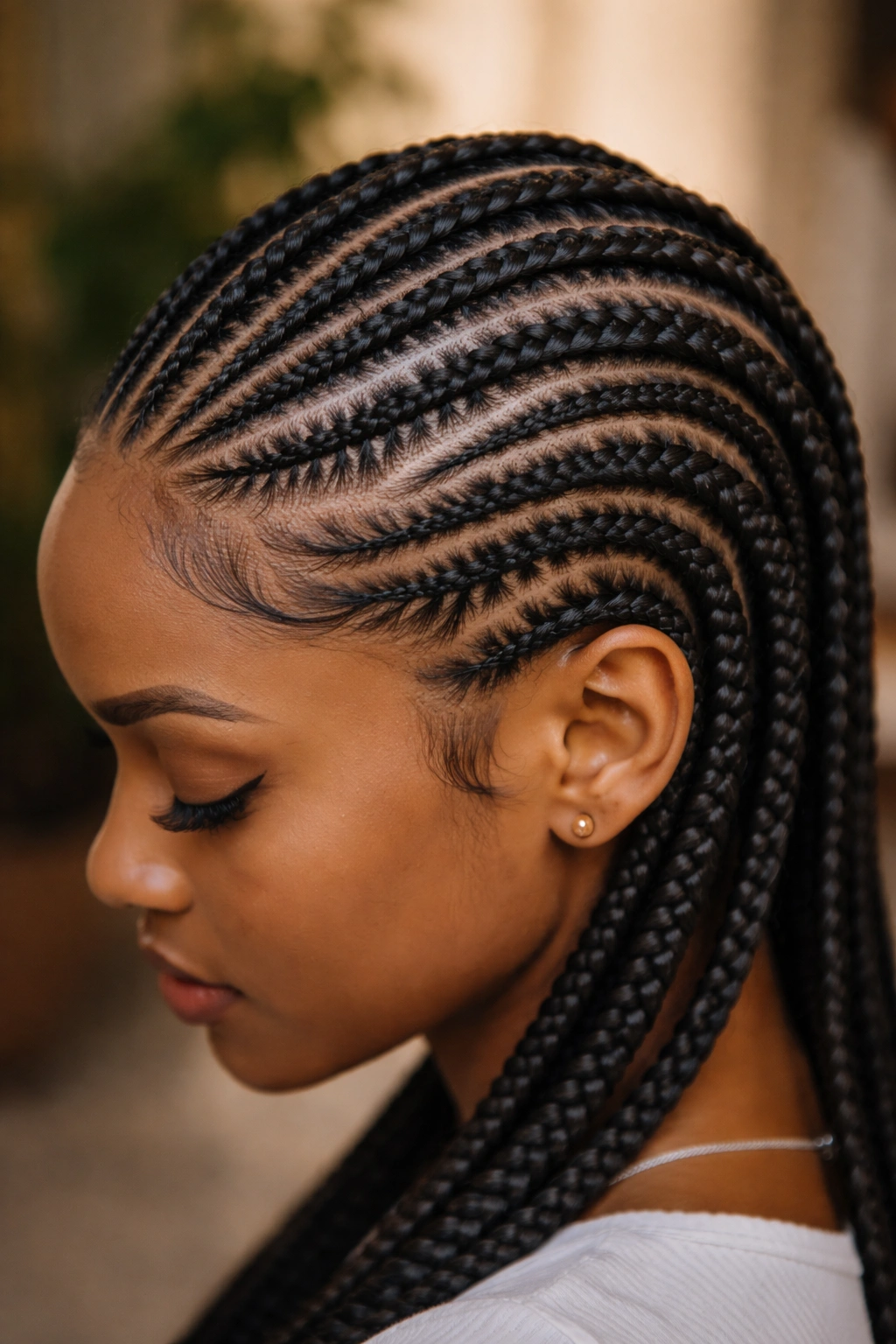 Close-up of neat cornrows along the scalp with curved patterns