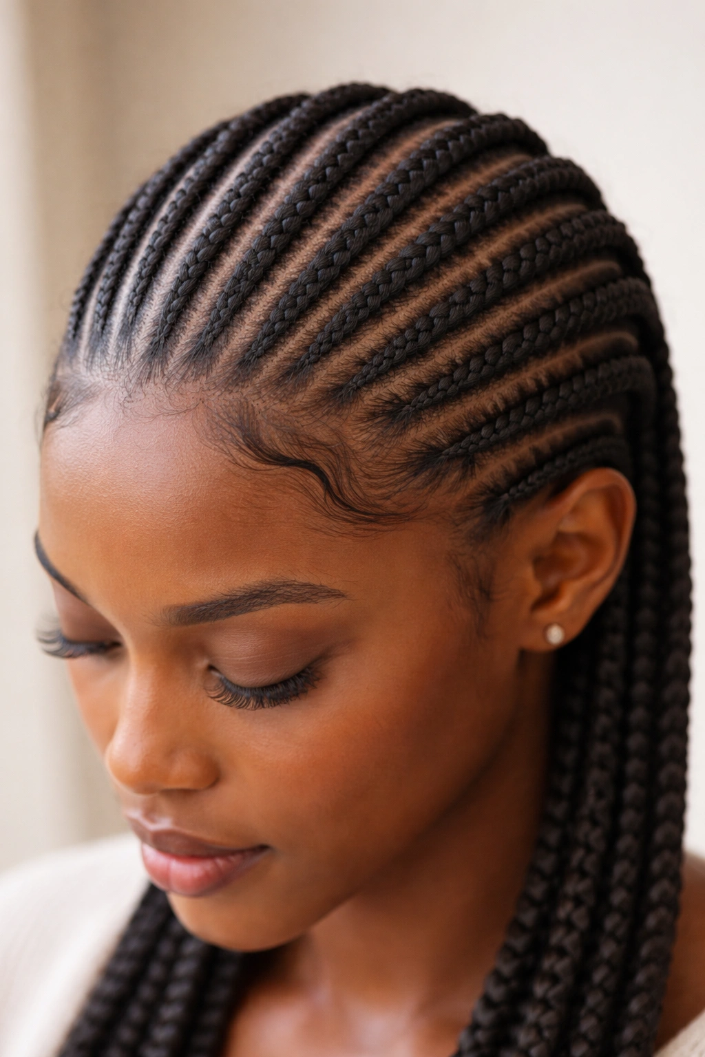 Close-up of tight cornrows plaited flat along the scalp