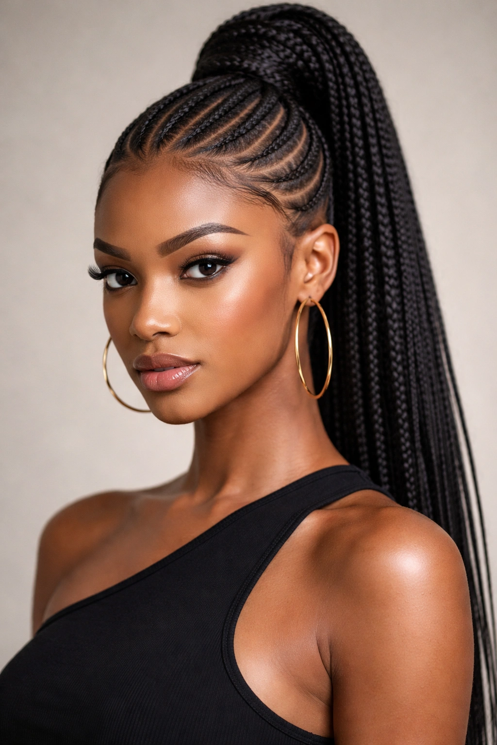 Close-up of bold cornrows with shaved sides and a tall ponytail