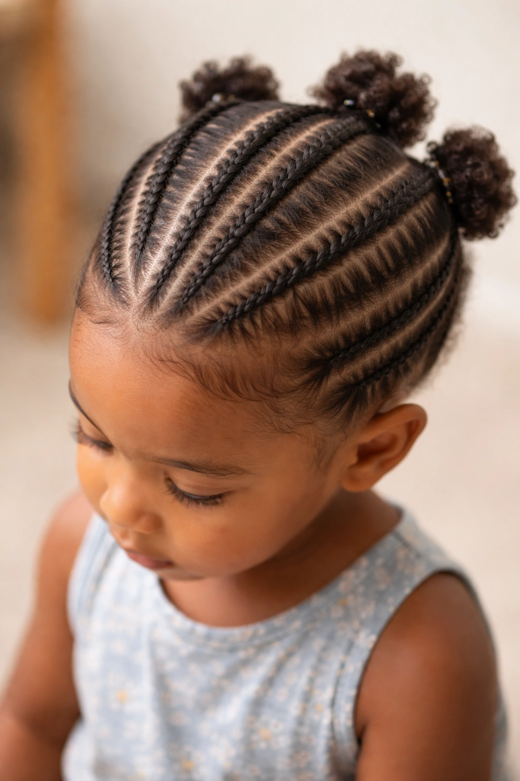 Toddler with simple cornrows in a center-part pattern.
