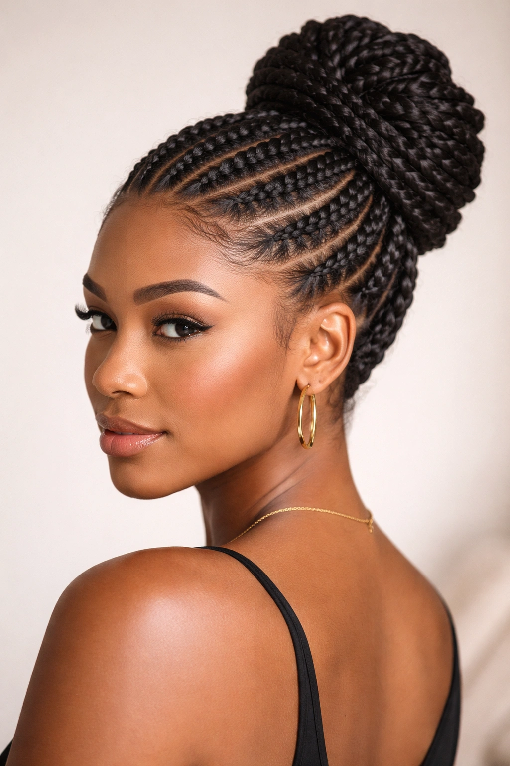 Cornrows braided along scalp transitioning into an updo