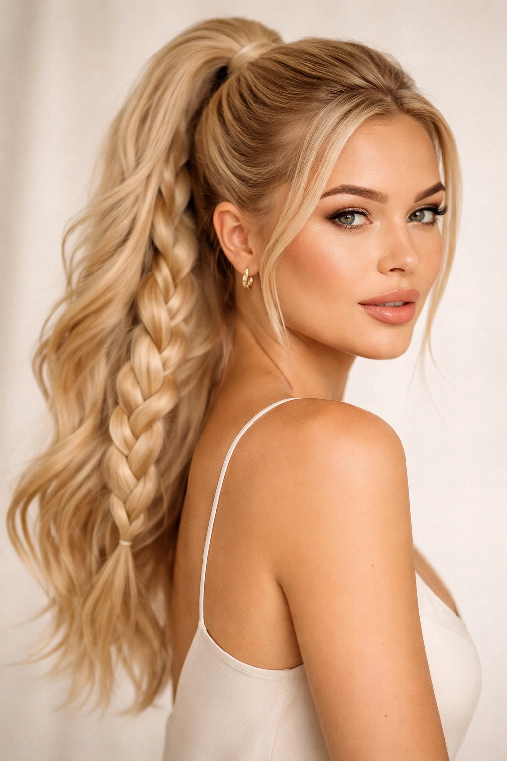 Creamy blonde braided ponytail with porcelain warmth against a neutral studio backdrop