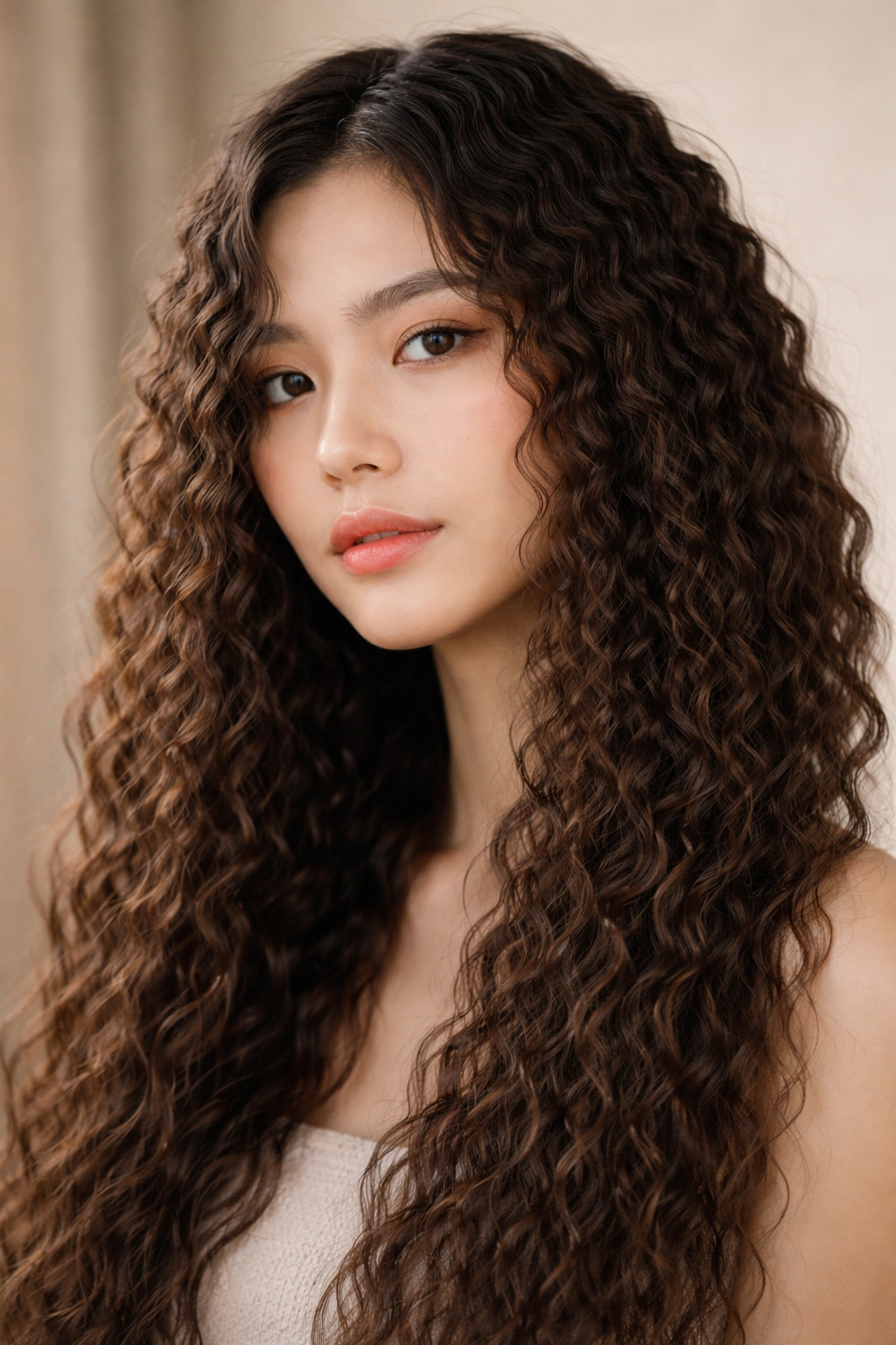 Close-up of a model with tight zigzag crimp waves, bold texture and volume