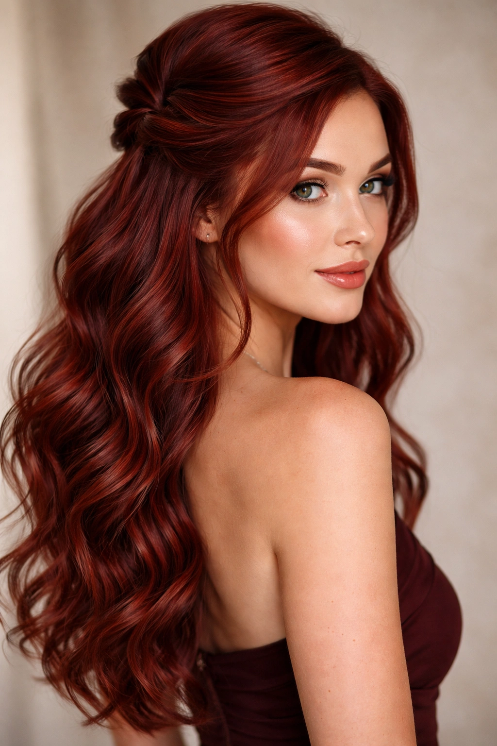 Crimson red hair half-up with defined waves
