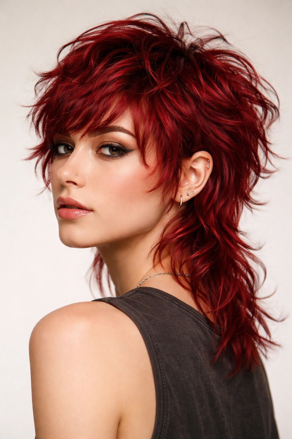Close-up of a tousled pixie mullet in crimson red showing bold silhouette and waves
