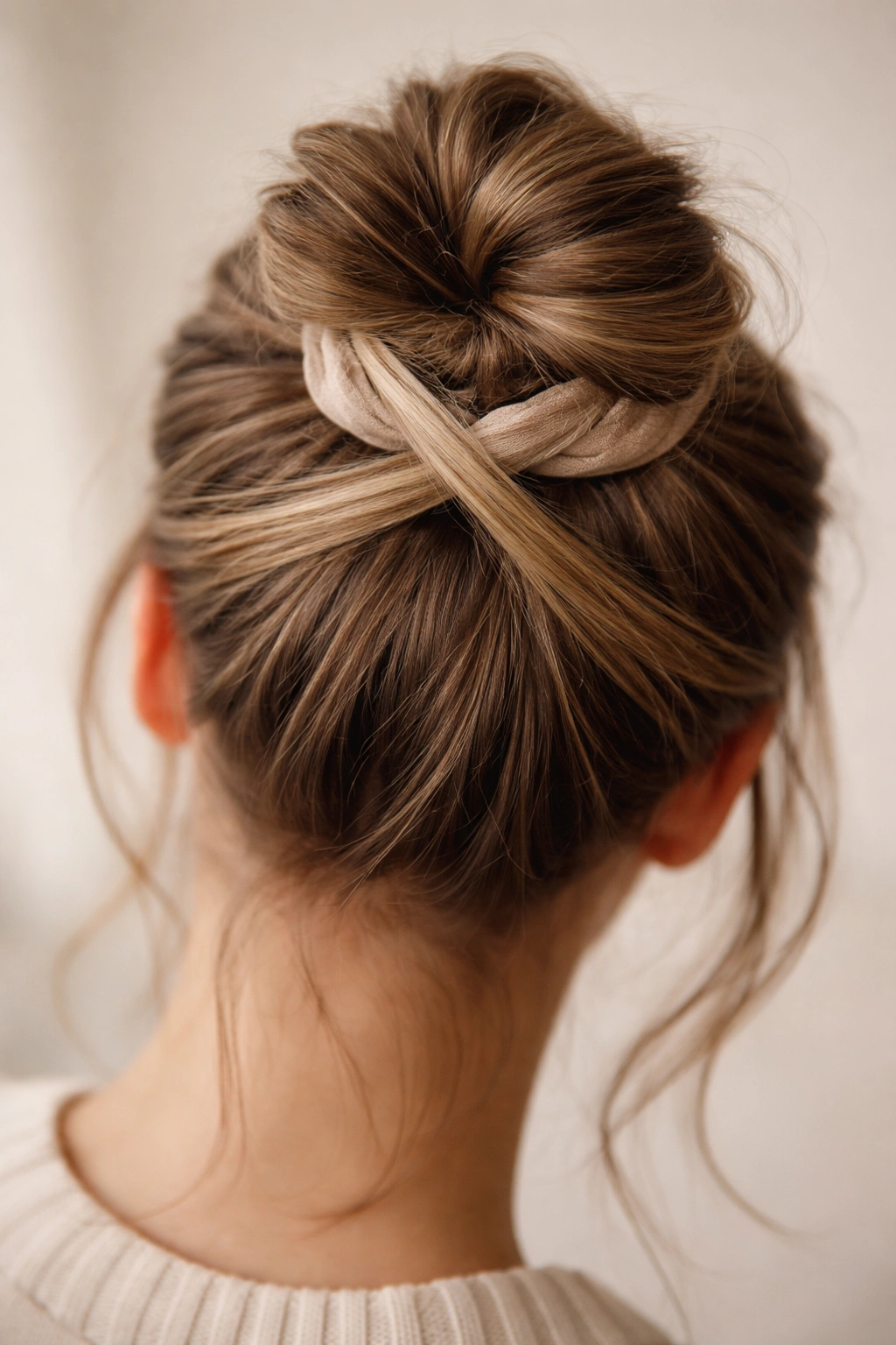 Top-down view of a criss-cross wrap bun forming an X pattern.