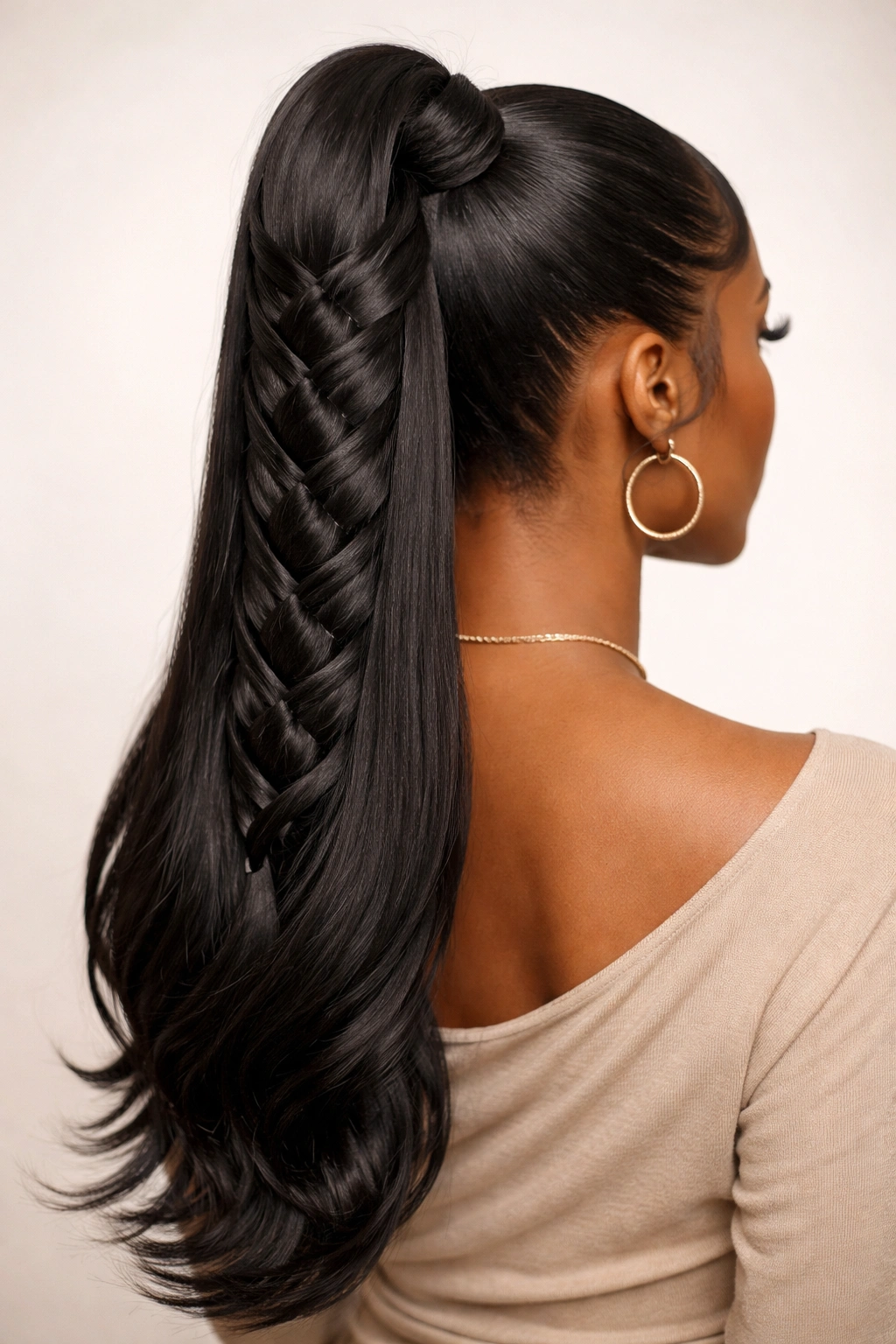 Criss-cross pattern in ponytail with interlaced strands