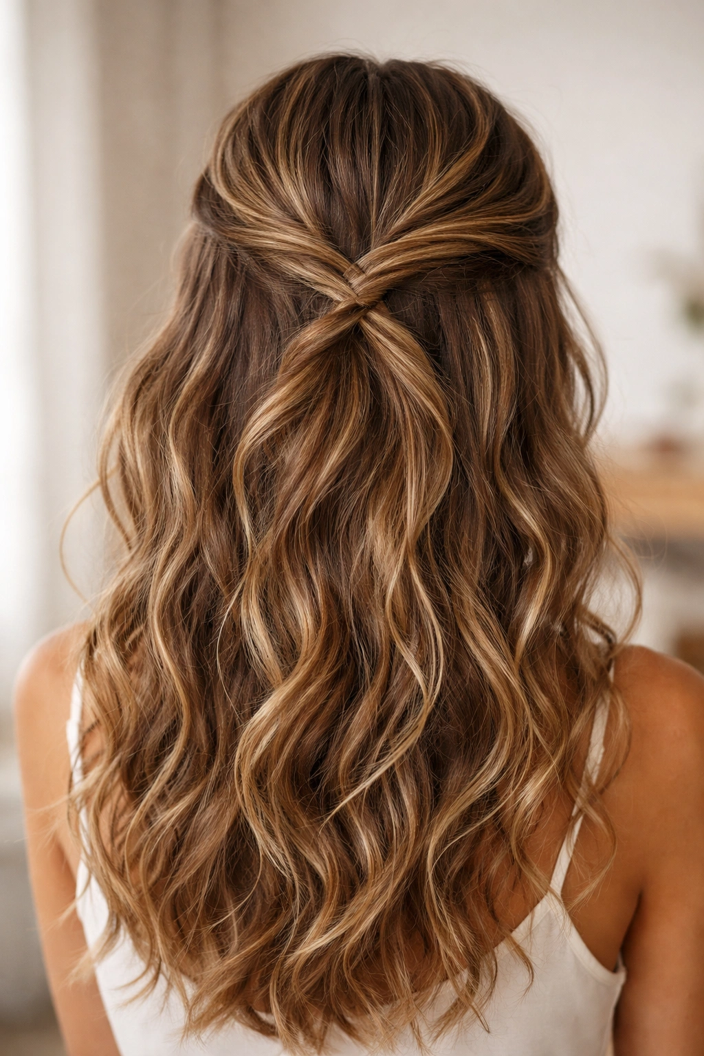 Crisscross twists forming an X at the back of a half-up hairstyle