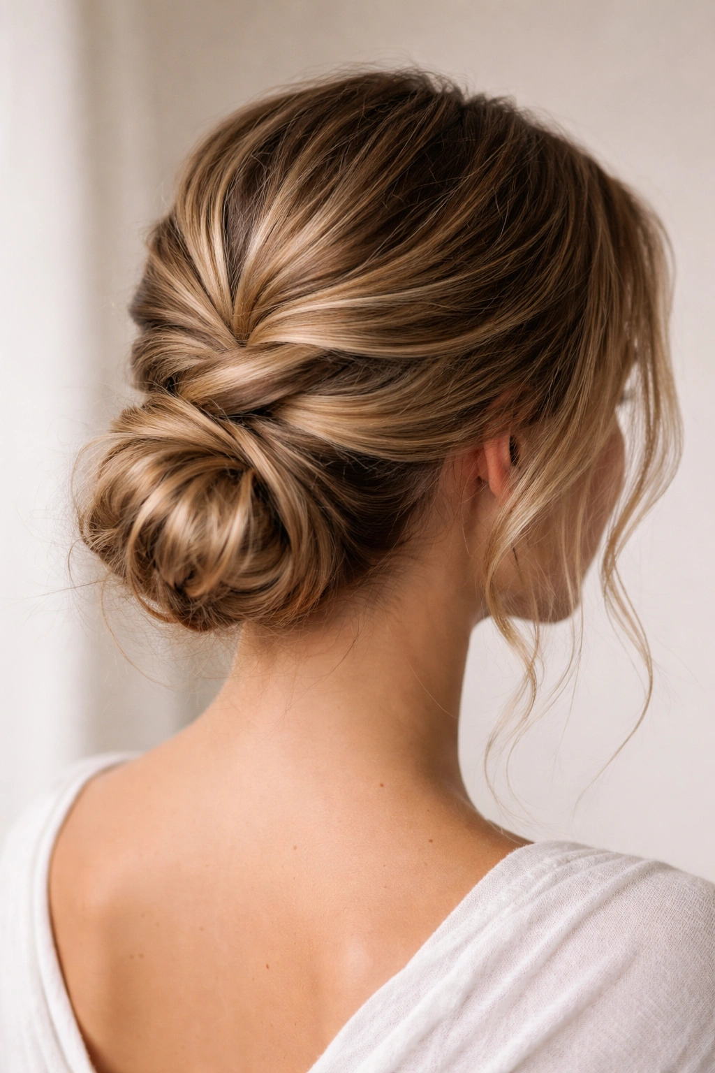 Crisscross twists converging into a low bun at the nape