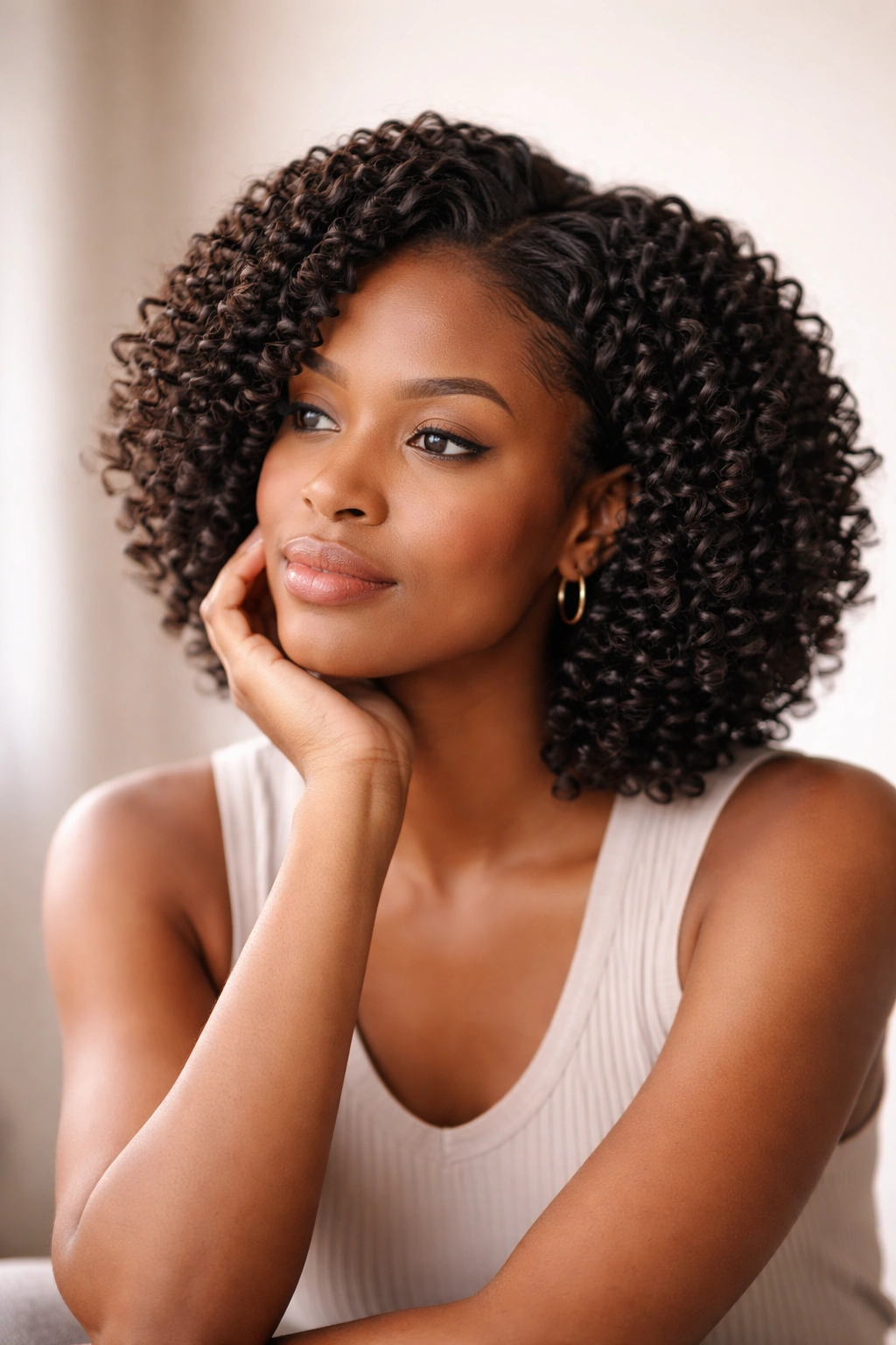 Contemplative woman with crochet afro hairstyle in a minimalist studio, showcasing polished, low-maintenance styling.