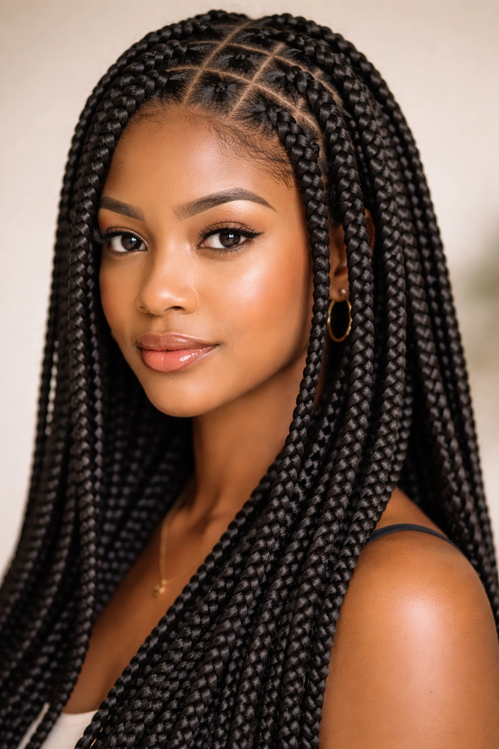 Close-up crochet box braids showing a neat grid pattern and lightweight texture