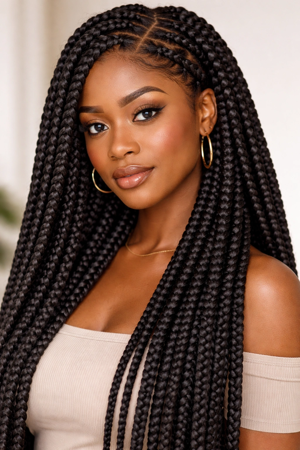 Close-up of thick crochet box braids with sculpted look