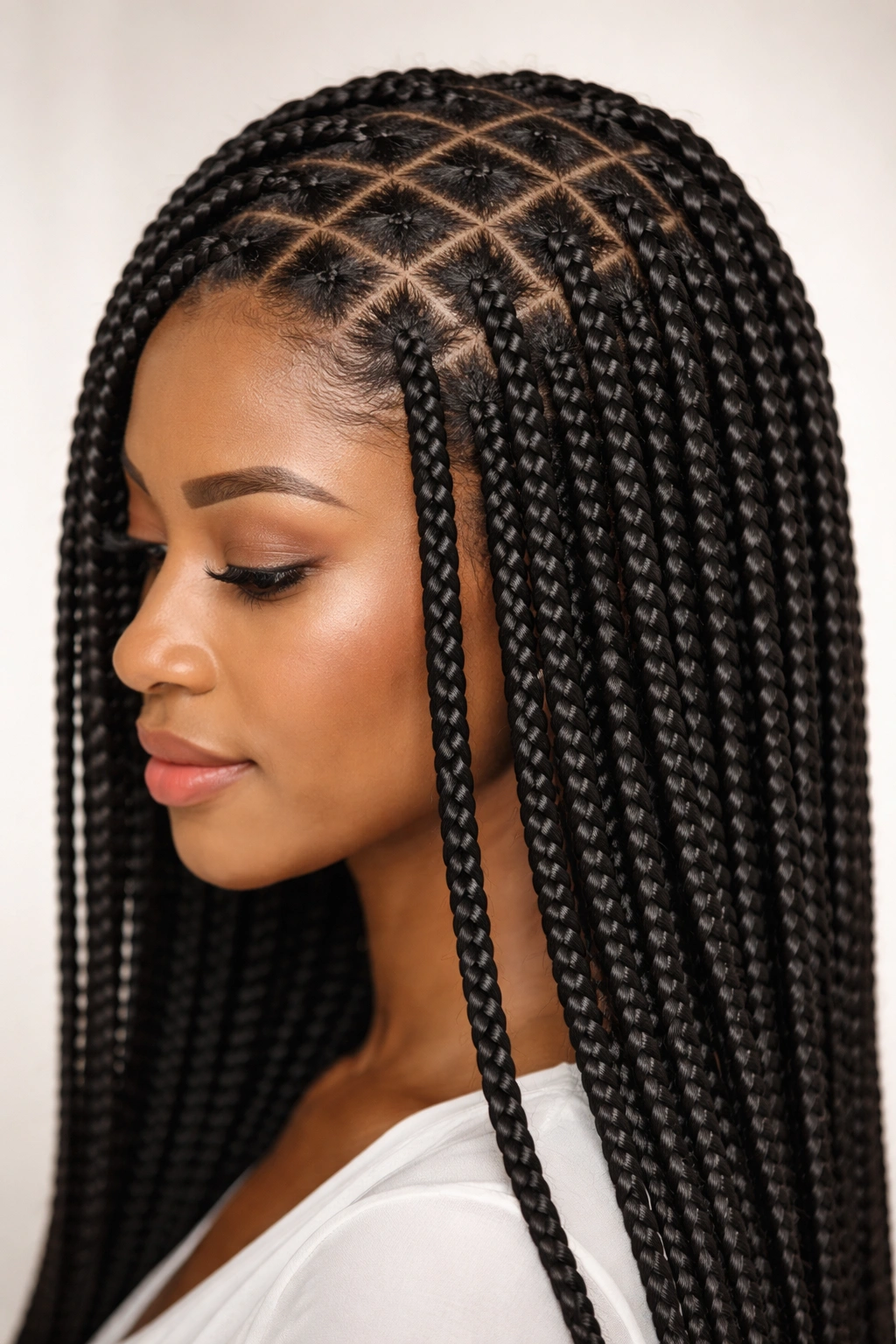 Close-up of crochet box braids with square sections on scalp