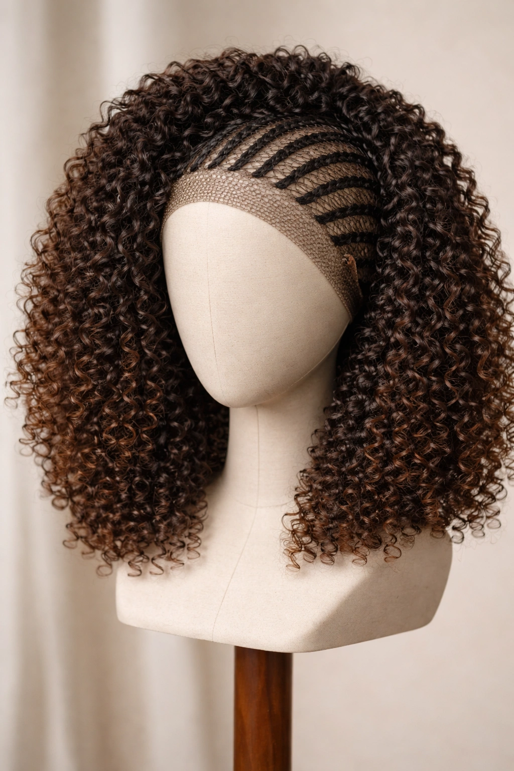 Crochet braid wig on headform showing removable protective unit
