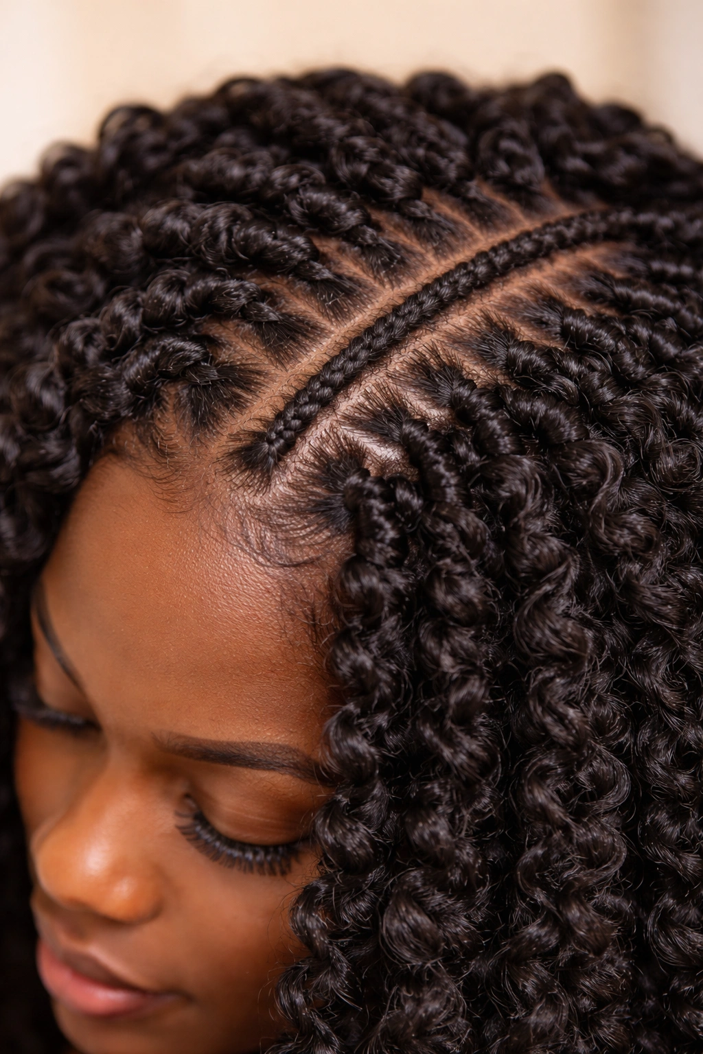 Close-up of crochet braids on 4C hair with cornrow base