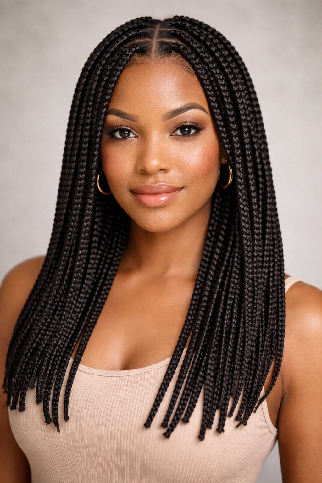 Crochet box braids pattern on a single model head-on