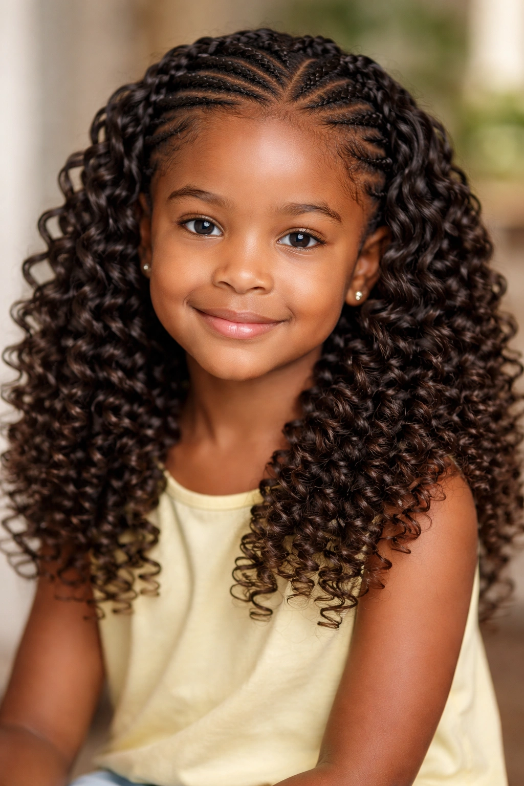 Head-on view of crochet braids with curls on a young girl.