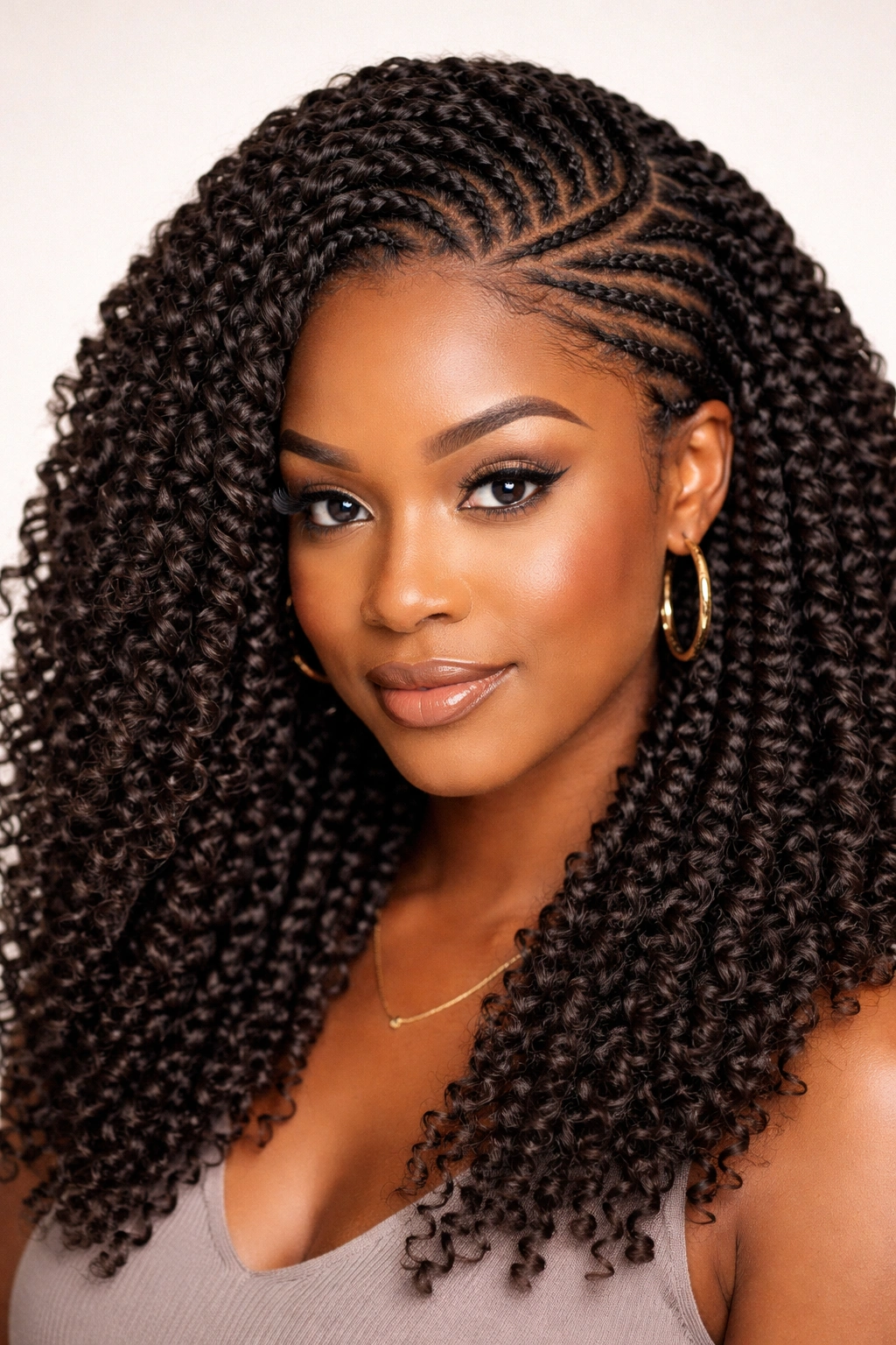 Close-up of crochet braids with a curved part across the scalp