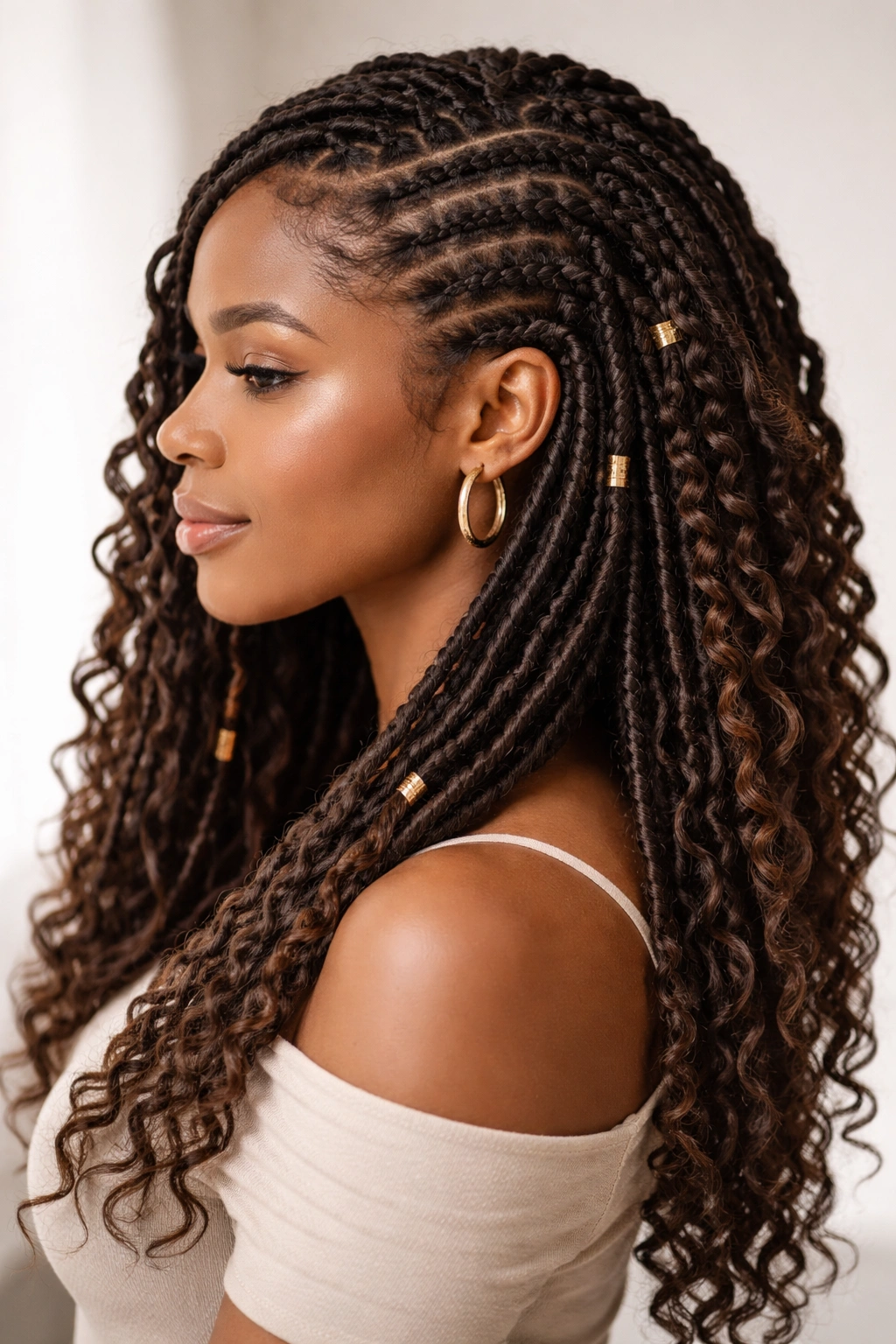 Profile view of crochet braids with faux locs on 4C hair