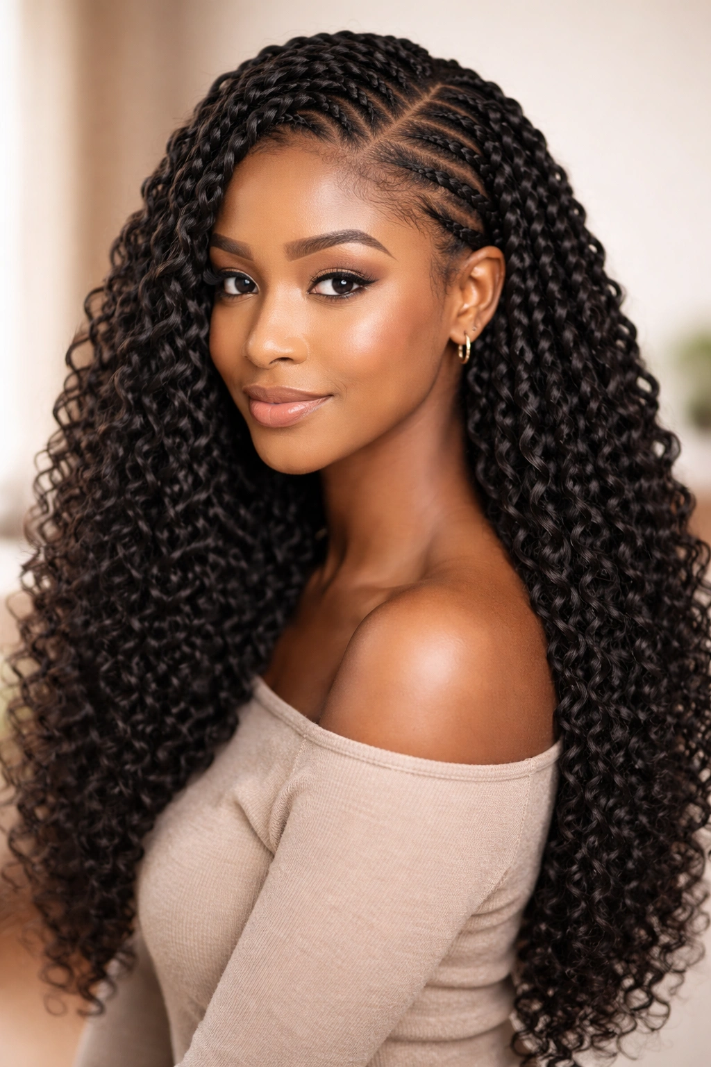 Close-up of crochet braids with neat base underneath