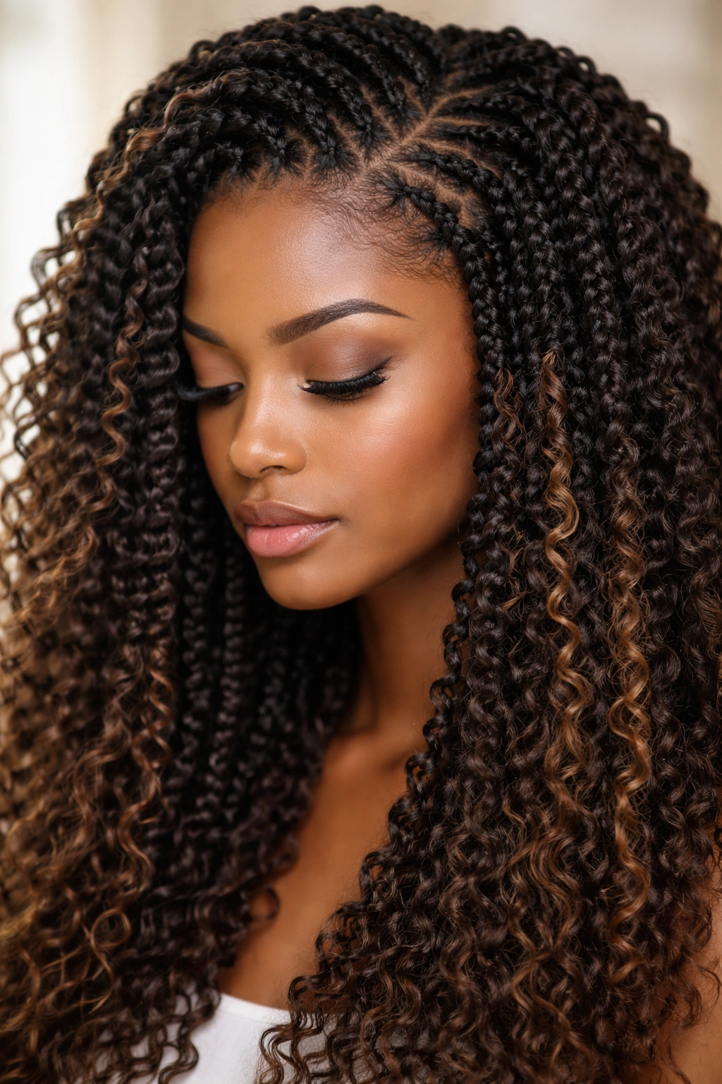 Close-up of crochet braids attached to a natural hair base