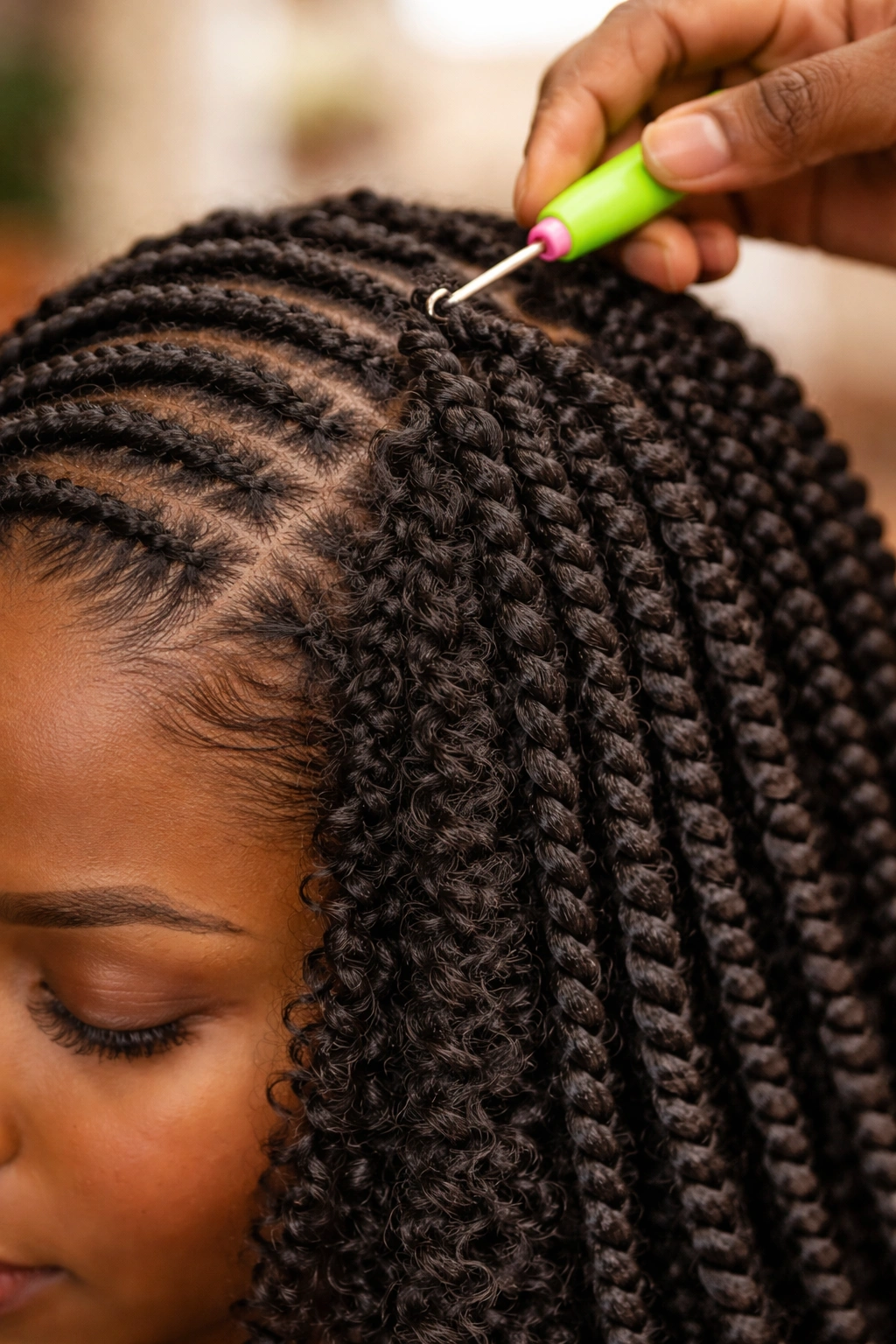 Crochet braids with loops pulled through cornrows on a single head