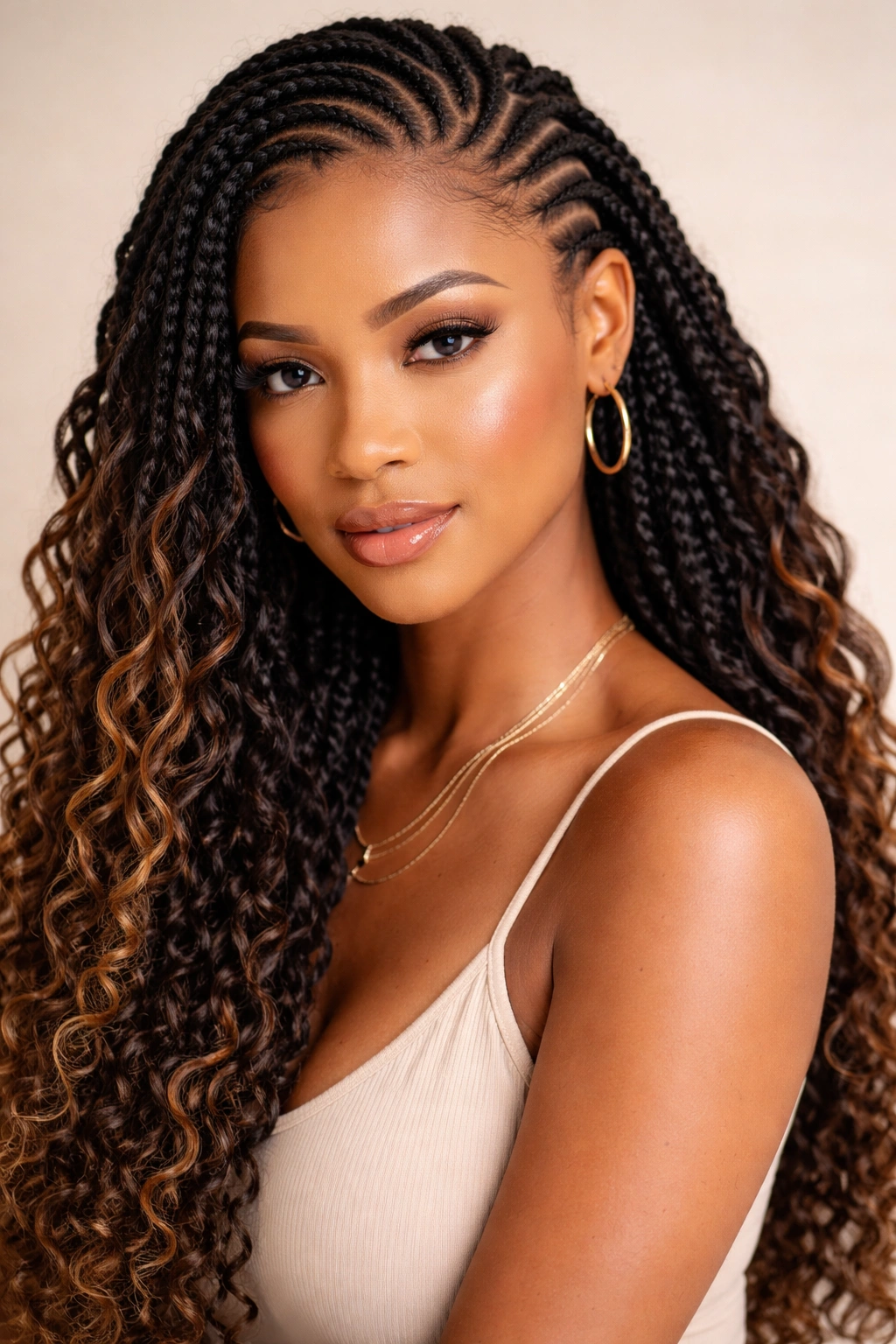 Crochet cornrows with cascading crochet hair flowing from scalp