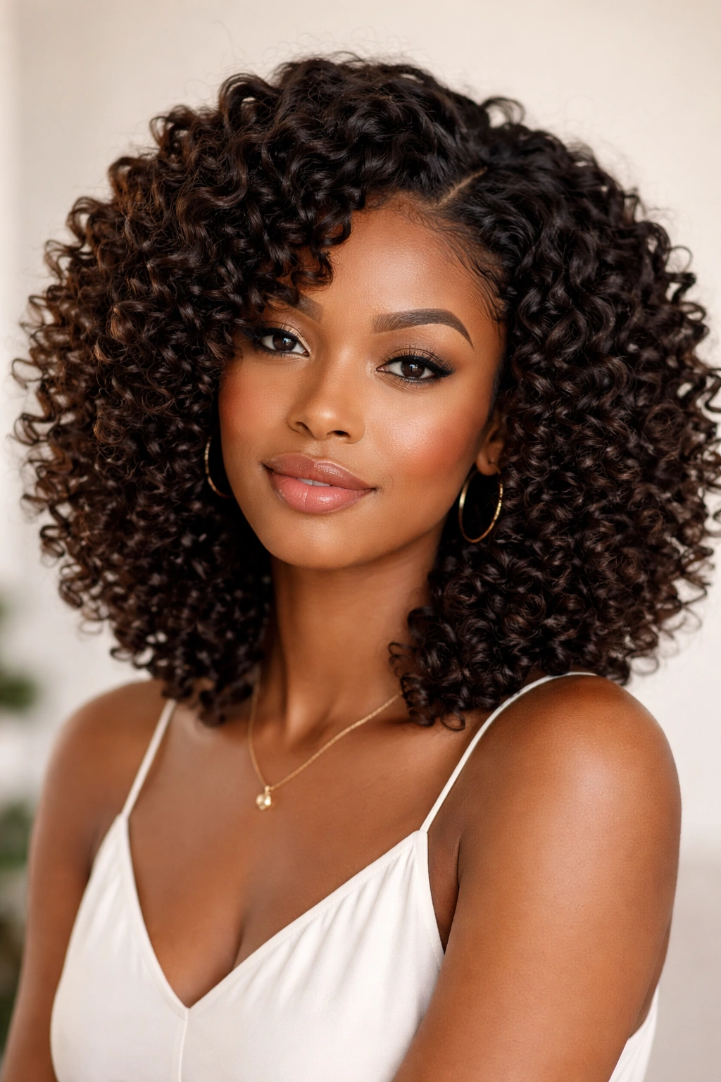Close-up of medium-length crochet curls created with extensions on braided base