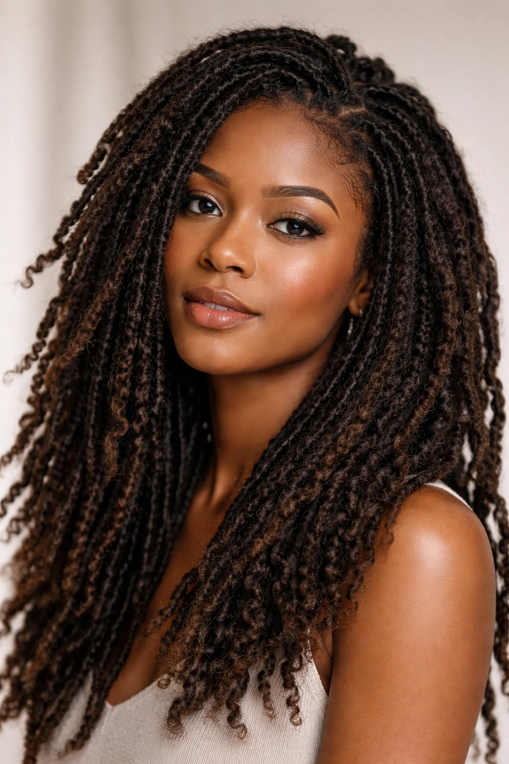 Close-up of crochet locs with textured blend on natural scalp