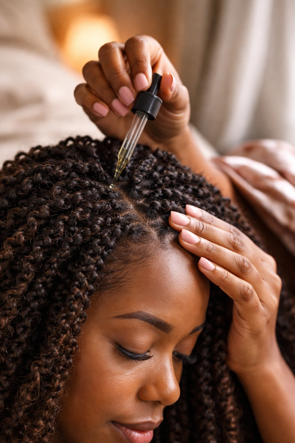 Hands applying oil to scalp under crochet hair with satin scarf nearby