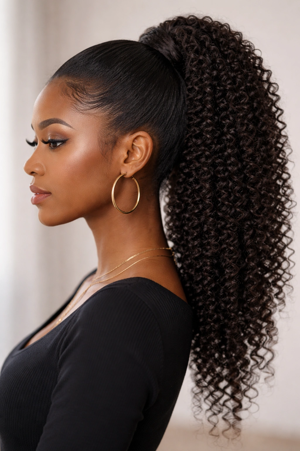 Side profile of crochet high ponytail with smooth texture