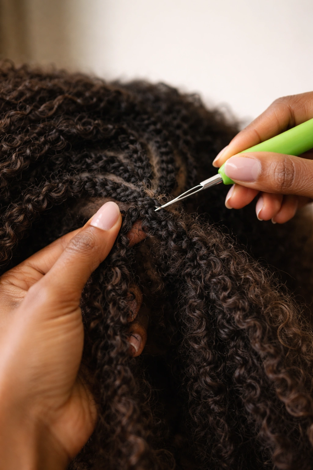 Close-up of hands removing crochet hair with a crochet hook from base cornrows