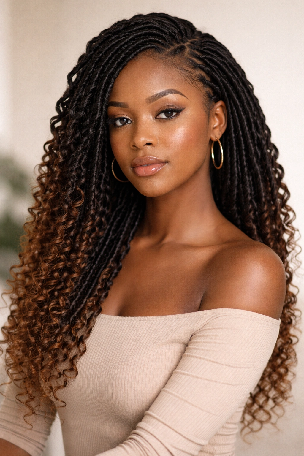 Portrait of a person with crochet hairstyle, showcasing protective styling and calm confidence