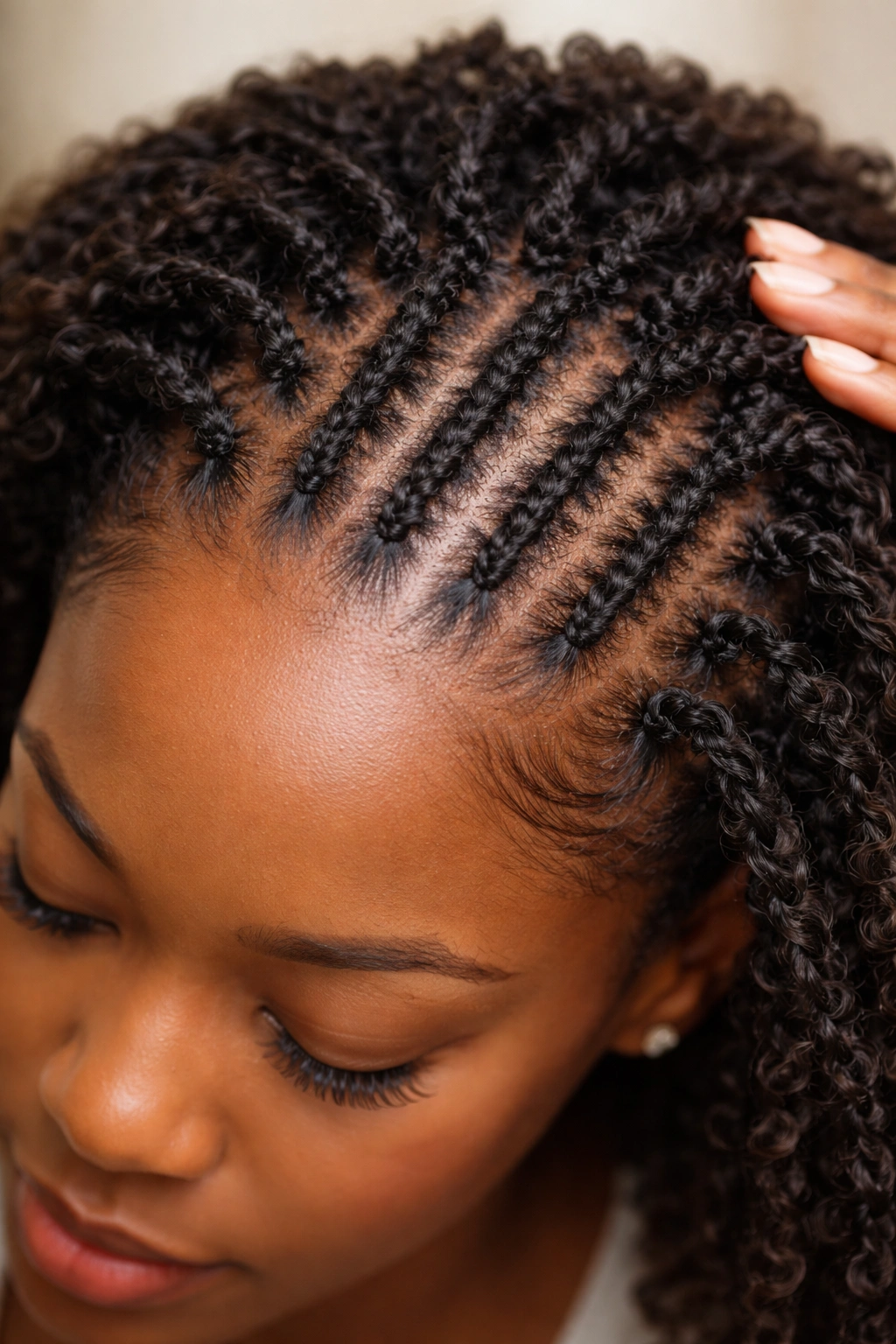 Close-up of scalp with tight crochet cornrows showing tension, highlighting common crochet mistakes