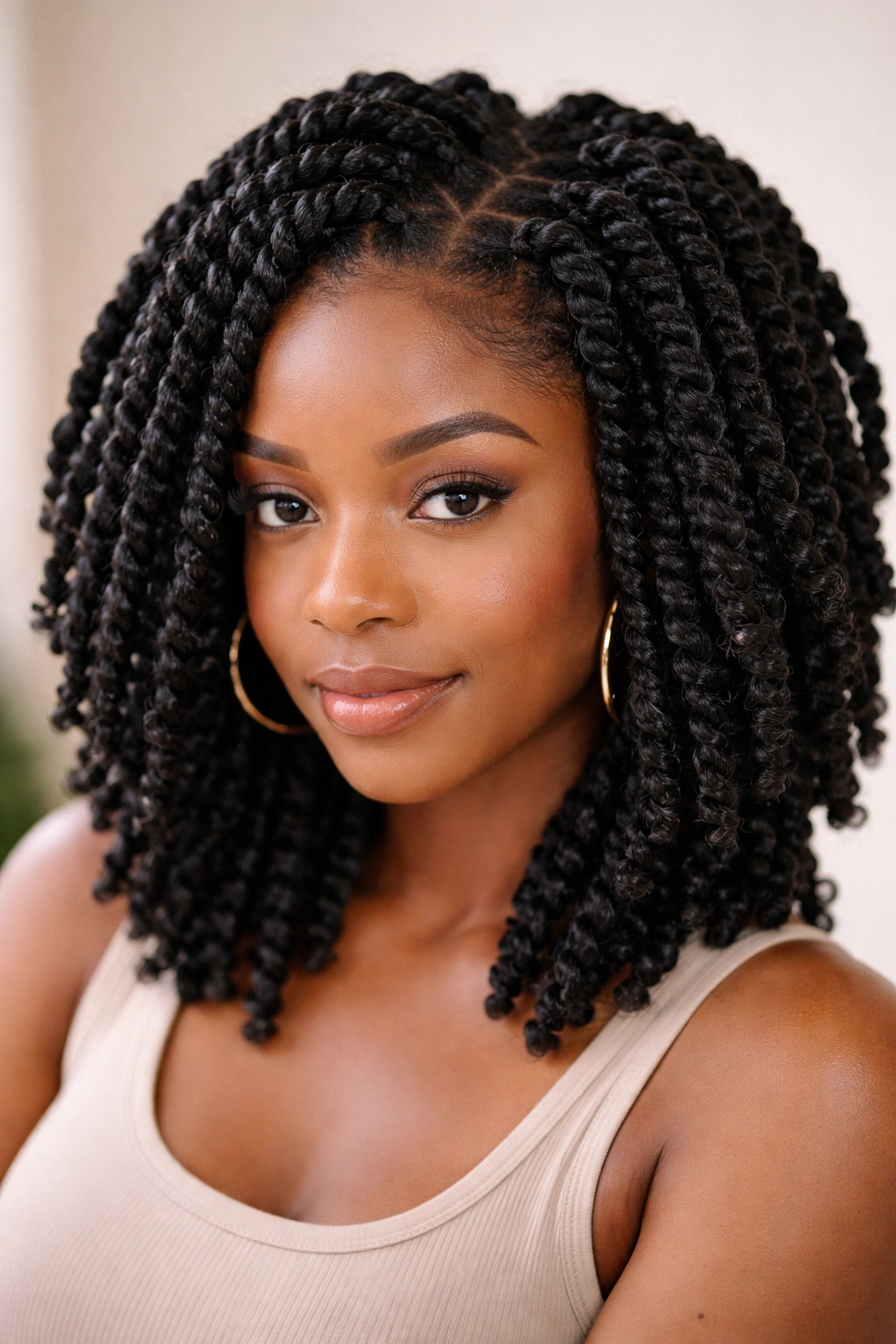 Close-up of short afro with chunky crochet twists showing added volume