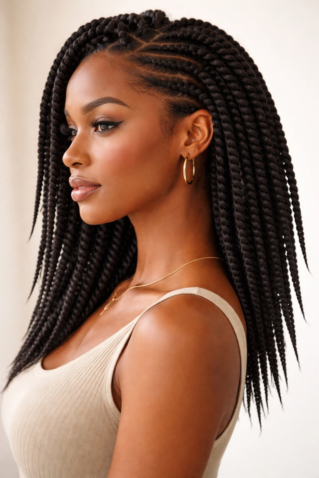 Crochet twists with tapered ends on a model's hair