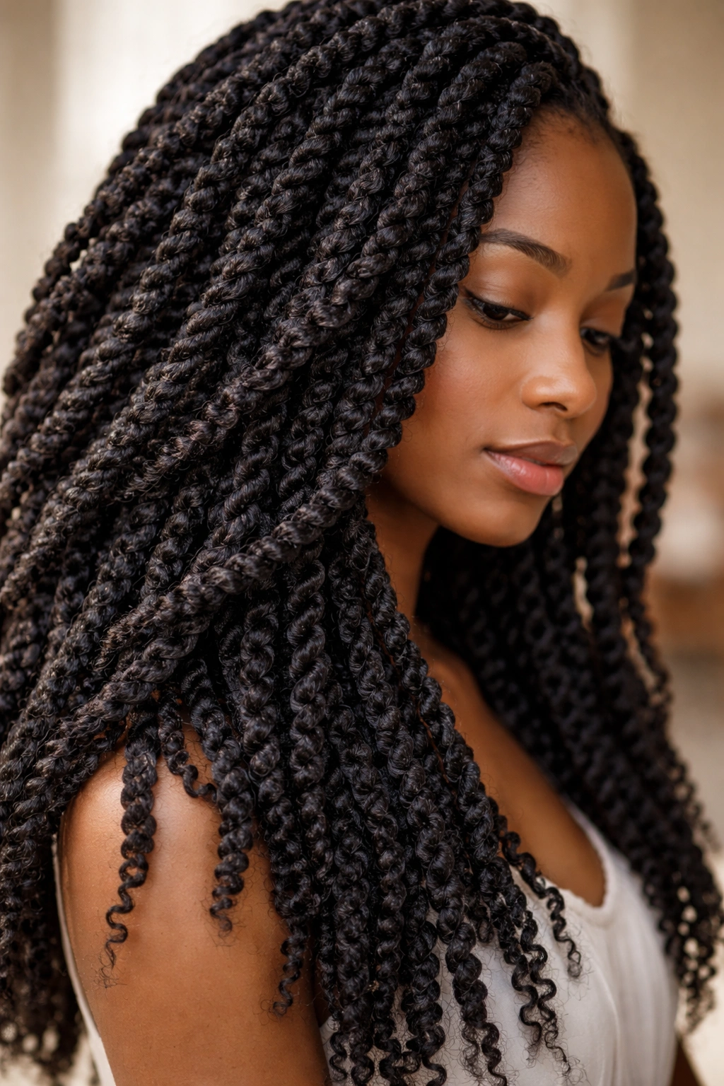 Close-up of crochet twists with added hair providing volume on natural hair