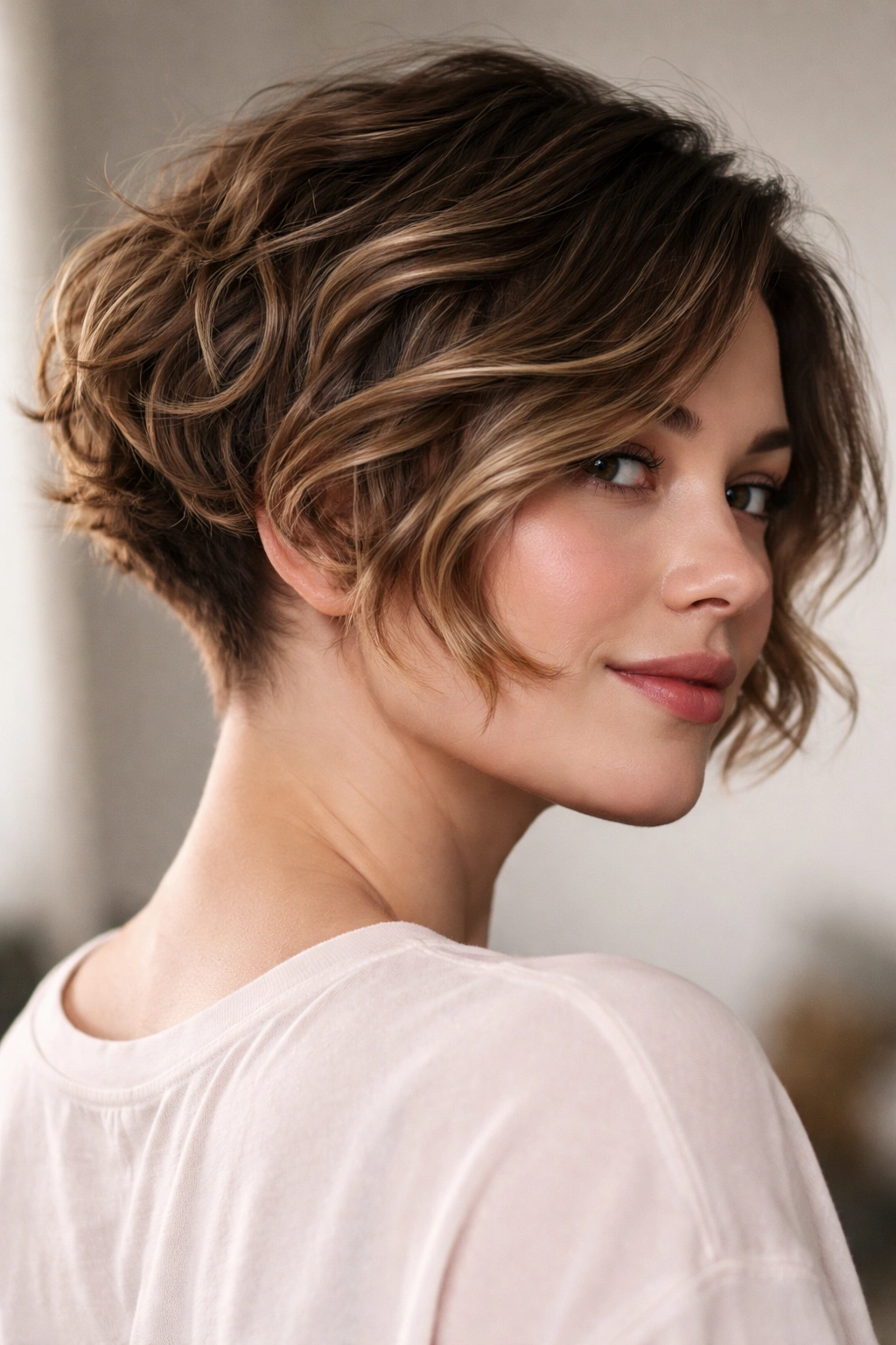 Three-quarter view of a cropped wavy bob with undercut