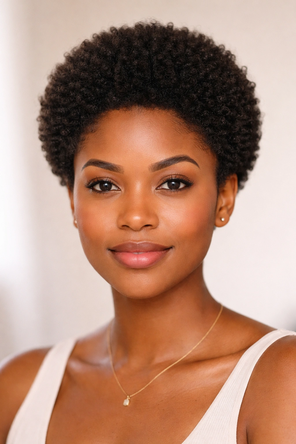 Front view of a compact, rounded 1-2 inch fro across the head