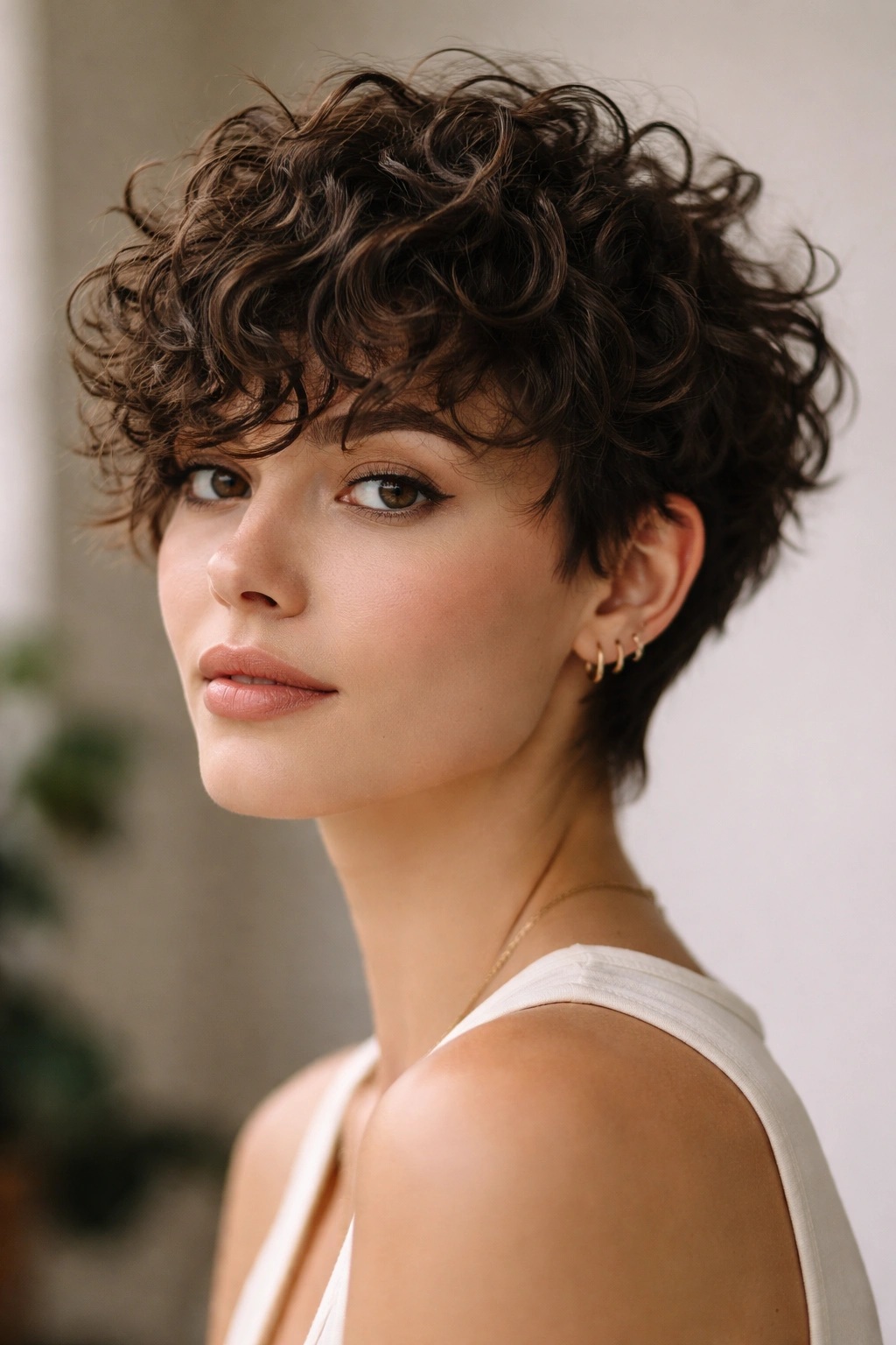 Close-up of a person with a cropped curly shag showing defined curls