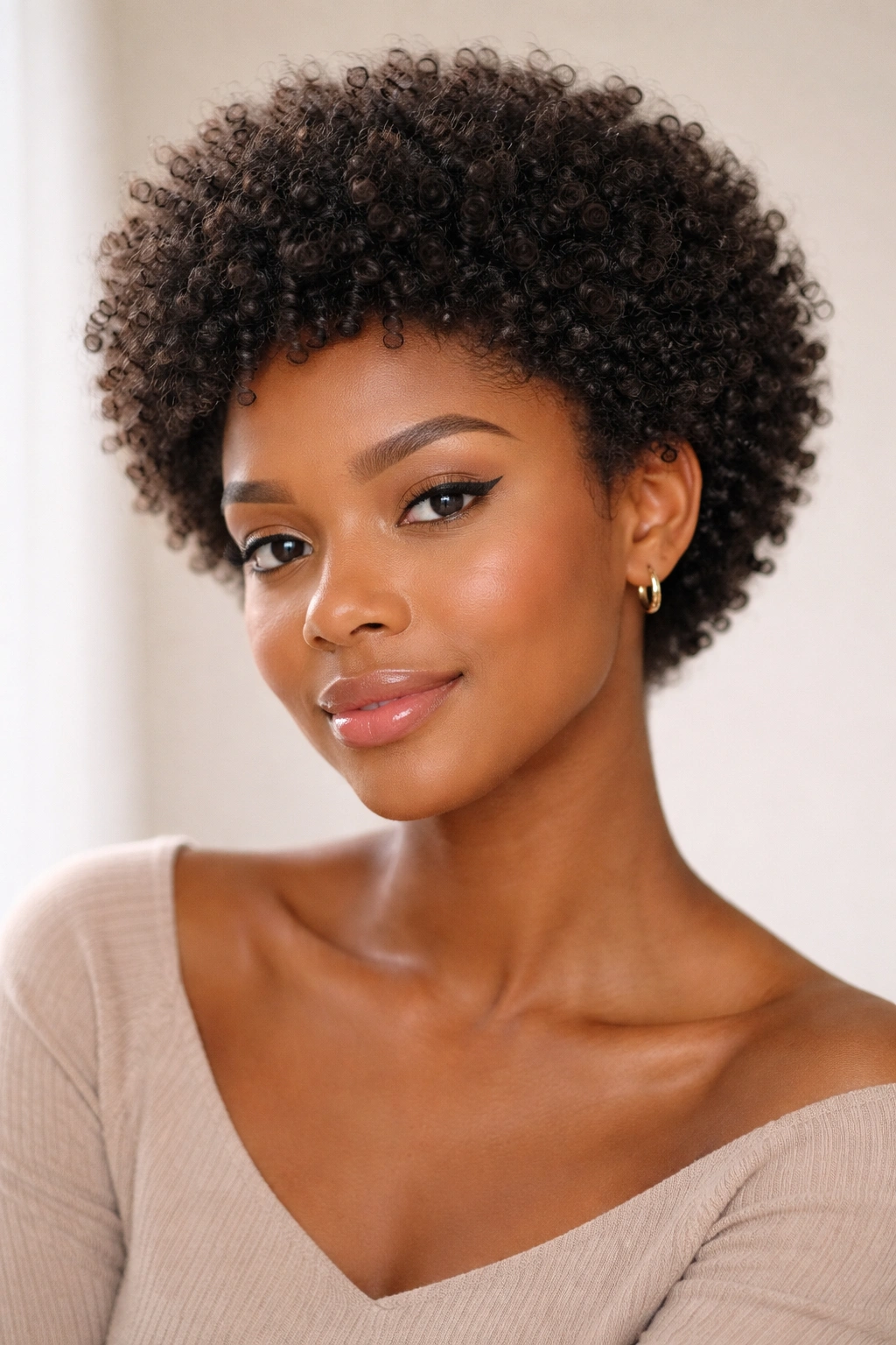Close-up of a person with a rounded, voluminous cropped 4c curl fro