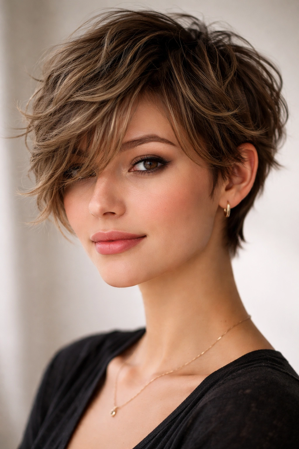 Cropped layers with feathered side bangs on a short wavy hairstyle.
