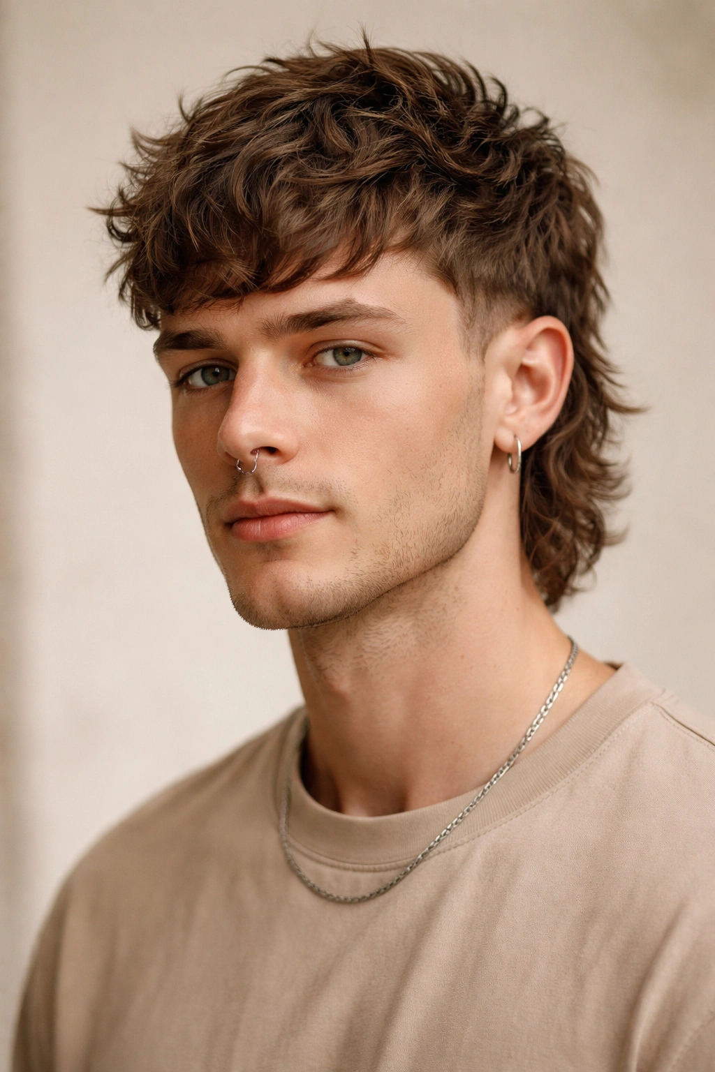 Close-up of a cropped wavy mullet with subtle back length visible