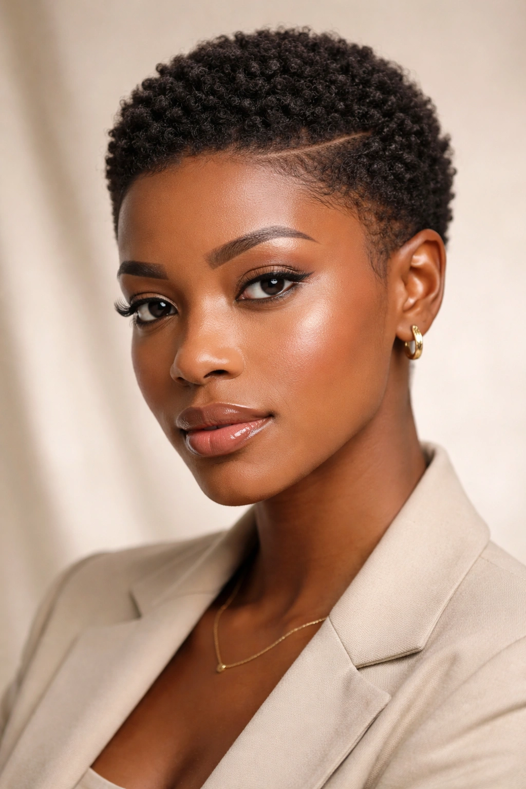 Front view of a cropped natural 4C haircut with crisp edge lines