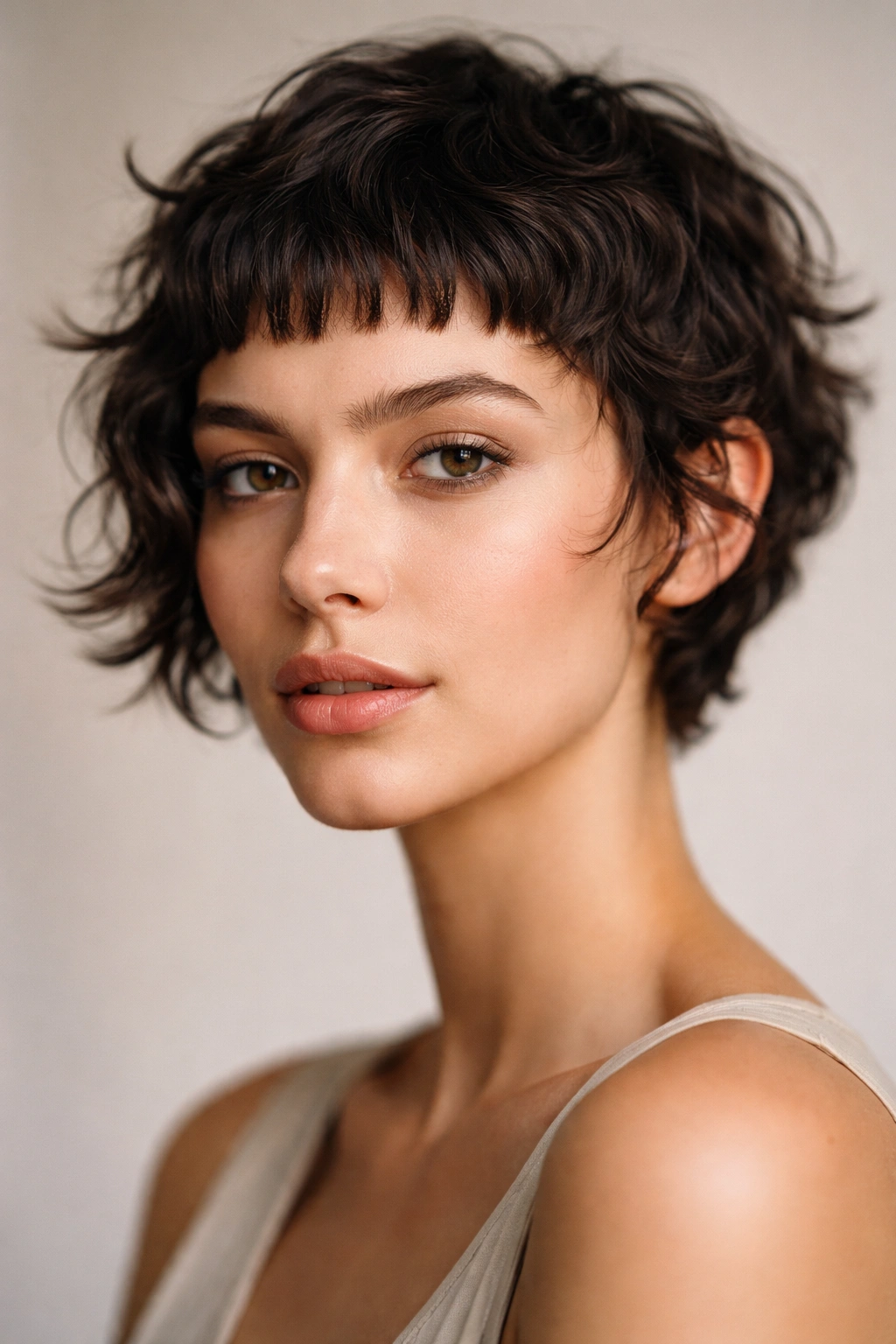 Close-up portrait of a model with cropped waves and baby bangs highlighting textured hair.