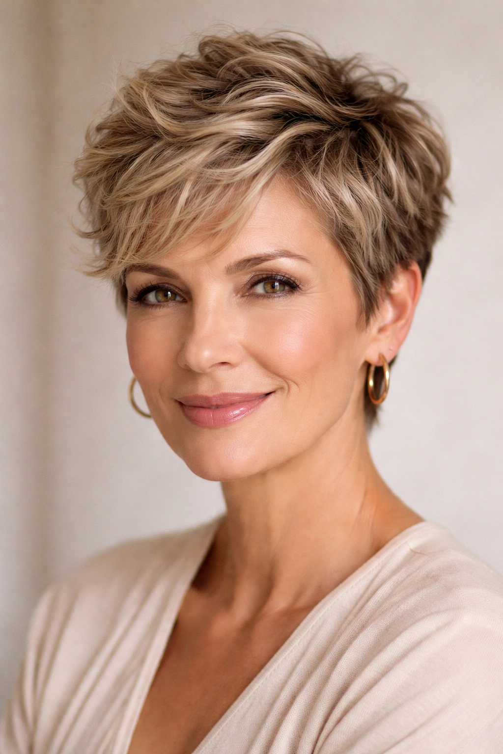 Cropped short hairstyle with textured crown and waves